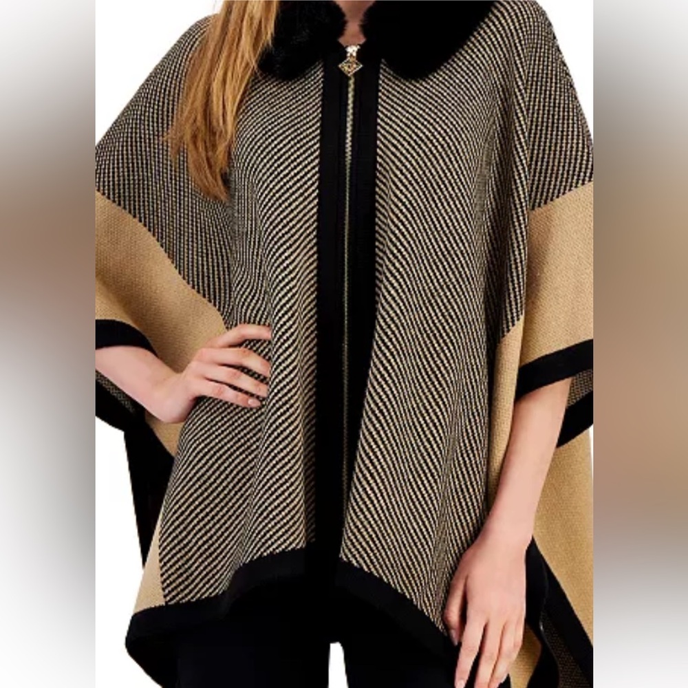 Anne Klein NWT Fall Black Tan Faux Fur Swing Cape Gold Zip City Ready  SZ L-XL